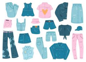 denim kläder. blå jean plagg, denim skjorta, jacka, shorts och jeans byxor, denim tillfällig kläder. trendig denim Kläder vektor illustrationer