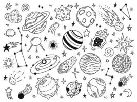Raum Kritzeleien. skizzieren Raum Planeten, Hand gezeichnet himmlisch Körper, Erde, Sonne und Mond. Universum Raum Planeten Vektor Illustration Symbole einstellen