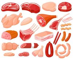 Fleisch Produkte. Karikatur Metzgerei Geschäft Essen, Huhn, Rindfleisch Steak, Schweinefleisch, Prime Rippe, Speck Scheibe und Würste. frisch Fleisch Essen Vektor Abbildungen