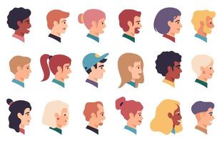 Menschen Porträts. Männer, Frauen gemischtrassig Profil Gesichter, männlich und weiblich Gesicht Figuren. Mensch Avatare Vektor Illustration einstellen