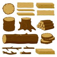 Holz Stämme. Baum Holz, Holz Protokolle, Protokollierung Zweige und hölzern Bretter, gestapelt Brennholz Material isoliert Vektor Illustration Symbole einstellen