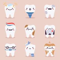 söt tänder maskotar. dental tänder tecken med tandvård problem, behandlingar, tand sjukvård och hygien vektor illustration symboler uppsättning