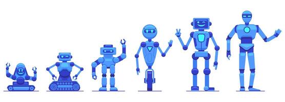 robotar Evolution. robotik teknologi framsteg, trogen mekanisk robot tecken, robotar tech Evolution vektor illustration ikoner uppsättning