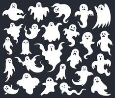 Halloween Grusel Geist. gespenstisch unheimlich Geister, Geist komisch süß Charakter, Phantom gespenstisch Halloween Maskottchen Vektor Illustration einstellen