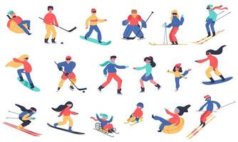 vinter- snö aktiviteter. skidåkning, åka snowboard, hockey och is skridskor, familj Semester vinter- aktiviteter isolerat vektor illustration ikoner uppsättning