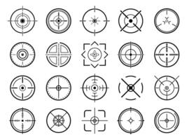 Scharfschütze Ziel Zeiger. Ziel Navigation, Scharfschütze Waffe Kennzeichen Mauszeiger, anders Fokus Militär- Sicht und konzentriert Auge Schießen Ziele Vektor Symbole einstellen