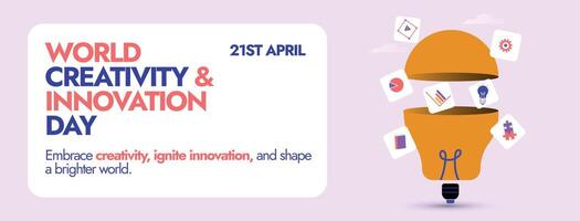 värld kreativitet och innovation dag. 21:e april värld kreativitet och innovation dag firande omslag baner med innovativ Glödlampa ikon i halv och ikoner av växlar, bok, diagram kommande ut av Det. vektor