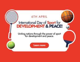 internationell sporter dag. 6:e april internationell dag av sport för utveckling och fred firande omslag baner i mörk röd bakgrund med annorlunda sporter Utrustning tennis boll, racket, basketboll vektor