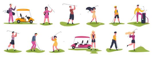 Golf Menschen Szenen. männlich und weiblich Golfer, Golf Zeichen Verfolgungsjagd und schlagen Ball, Golfer spielen draussen Sport Vektor Illustration Symbole einstellen