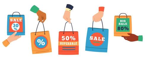 Verkauf Einkaufen Taschen. Hände halten Papier Käufer mit Rabatt Prozentsatz, Kauf Taschen. fördern Der Umsatz oder Geschenke Taschen Vektor Illustration einstellen