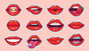 Lippen Pop Kunst Aufkleber. cool Jahrgang Comic Mädchen Lippen Aufkleber, Teenager Karikatur Patch, Süßigkeiten Lippen mit Kirsche glänzend Lippenstift Vektor Illustration Symbol einstellen
