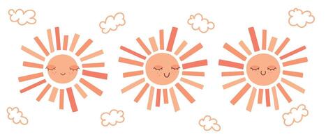 süß Hand gezeichnet lächelnd Sonne mit geschlossen Augen Satz. skandinavisch Stil Dekoration zum Kindergarten Kinder Zimmer. Vektor Illustration