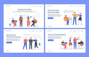 kreativ Coworking Büro. kreativ Treffen Raum, Geschäft Mannschaft Arbeitsplatz Aktivität, Menschen Geschäft Konversation Vektor Landung Seite Vorlage