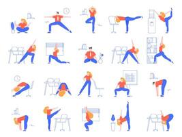 kontor yoga övningar. kondition och yoga träna för kontor arbetare, avkopplande och stretching i kontor Plats vektor illustration uppsättning. uppvärmningen upp för tjänstemän. sport Träning och asanas på arbetsplats