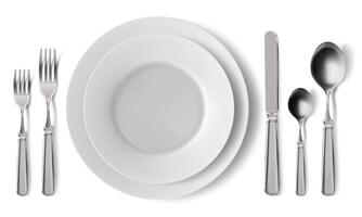 realistisch Tabelle Besteck Portion. leeren Platten mit Silber Besteck, Abendessen Portion Einstellung. Mittagessen Portion Geschirr Vektor Illustration