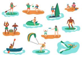 Meer draussen Aktivitäten. Wasser und Strand Sport, Ozean Tauchen, Surfen und spielen Ball, Menschen Ferien Erholung Vektor Illustration einstellen