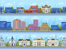 stad gata panorama. stad väg gator stadsbild, stad byggnader, Bank, skola och handla köpcenter exteriör vektor bakgrund illustration uppsättning