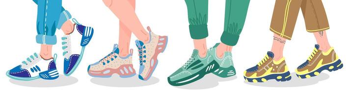 Beine im Turnschuhe. weiblich oder männlich Beine tragen modern Turnschuhe, Menschen Beine im Mode Sportschuhe, stilvoll Sport Schuhwerk Vektor Illustration