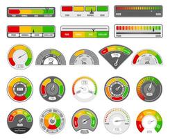 Tachometer Indikator eben. Qualität Bewertung Indikation, Waren Klasse Geschwindigkeitsmesser Indikatoren, Befriedigung Ergebnis Indikatoren Vektor Symbole einstellen