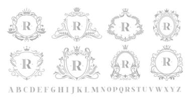 Jahrgang Monogramm Emblem. retro Kunst Zier Luxus Embleme, königlich Krone Monogramme Kranz und Hochzeit wirbelt Rahmen Vektor Illustration einstellen