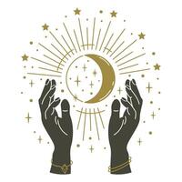 magi händer innehav måne. hand dragen mystisk vapen med måne, magisk symbol, trolldom mystiker vapen innehav måne och stjärnor vektor illustration
