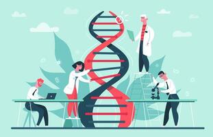 genetisk dna forskning. labb genomet och dna koda vetenskap forskar, forskare professor crispr cas9 gen redigeringar vektor illustration