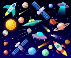 Karikatur öffnen Raum. Planeten, kosmisch himmlisch Körper, Raketen, Raumschiffe und UFO, Astronomie Sterne, Raumfahrzeuge Vektor Illustration einstellen