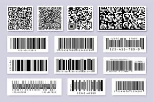 streckkod etiketter. produkt märka bar klistermärke, streckkoder märken och industriell qr koda isolerat symboler vektor uppsättning. Identifiering koder för produkt försäljning, varor spårning och lager siffra