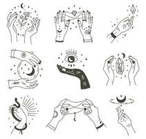 magisch Hände. Boho Okkulte Magie Hand, Hexe mystisch Symbol, Hexerei Hand gezeichnet Waffen mit Mond und Kristall Vektor Illustration Symbole einstellen