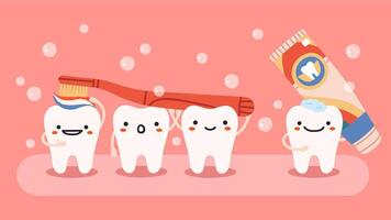 süß Zahn Hygiene. lächelnd, glücklich Zähne Maskottchen mit Zahnbürste und Zahnpasta, Oral Dental Gesundheitswesen isoliert Vektor Illustration