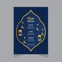 Vektor eben iftar Vertikale Speisekarte Vorlage Ramadan Speisekarte Vorlage im Blau islamisch Hintergrund Design. ebenfalls gut Vorlage zum Restaurant Speisekarte Design.