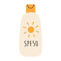 Sonnencreme, Lotion mit spf. Sonne Schutz und Sonne Sicherheit. Sonnencreme, Lotion mit spf. Sonnenschutz Lotion isoliert. Hand gezeichnet Vektor Illustration. eben Stil.