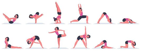 yoga kvinna. ung kvinna karaktär håller på med yoga asanas, fysisk övningar för friska livsstil. olika yoga positioner vektor illustrationer