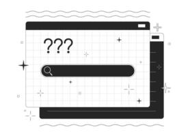 Sök låda och fråga märken på hemsida svart och vit 2d linje tecknad serie objekt. hitta info uppkopplad isolerat linje vektor element vit bakgrund. data sökande enfärgad platt fläck illustration