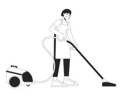 asiatisk kvinna med Vakuum rengöringsmedel svart och vit 2d linje tecknad serie karaktär. svävar hemmafru isolerat vektor översikt person. rengöring service företag aning enfärgad platt fläck illustration