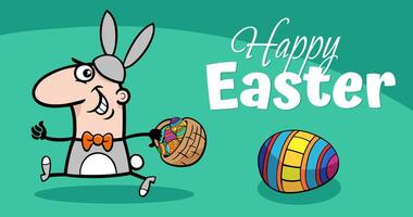 tecknad serie man i kanin kostym med påsk ägg hälsning kort vektor