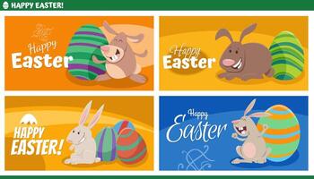 tecknad serie påsk kaniner med målad ägg hälsning kort uppsättning vektor