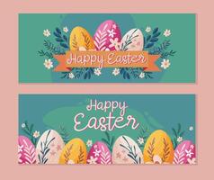 Vektor Ostern Verkauf horizontal Banner Frühling Verkauf zum Sozial Medien mit Eier, Blumen und Blätter