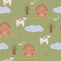 Bauernhof nahtlos Muster mit Bauernhof Haus, Bäume und Kuh, Hand gezeichnet süß Kinder Hintergrund Jahrgang retro Palette vektor
