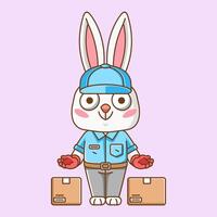 süß Hase Kurier Paket Lieferung Tier Chibi Charakter Maskottchen Symbol eben Linie Kunst Stil Illustration Konzept Karikatur vektor