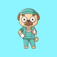 söt mops hund läkare medicinsk personal chibi karaktär maskot ikon platt linje konst stil illustration begrepp tecknad serie vektor