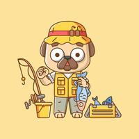 süß Mops Hund Fischer Angeln Tier Chibi Charakter Maskottchen Symbol eben Linie Kunst Stil Illustration Konzept Karikatur vektor