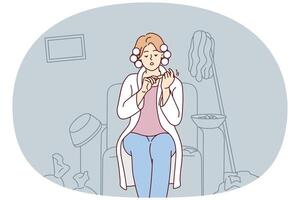 sorglös kvinna sitter på fåtölj tar vård av naglar ignorerar sopor i lägenhet. vektor bild