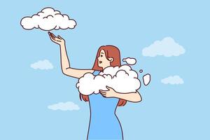 kvinna tar moln från himmel, njuter klar väder tillgängliga tack till rena miljö vektor