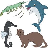 Wasser- Tiere Clip Art Satz. Garnele, Delfin, Otter, Seepferdchen vektor