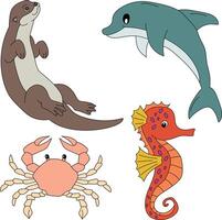 Wasser- Tiere Clip Art Satz. Seepferdchen, Delfin, Krabbe, Otter vektor