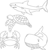 Wasser- Tiere Clip Art Satz. Meer Tiere von Krabbe, Wal, Hai, Meer Schildkröte vektor