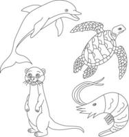 Wasser- Tiere Clip Art Satz. Meer Tiere von Delfin, Garnele, Otter, Meer Schildkröte vektor