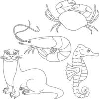 Wasser- Tiere Clip Art Satz. Meer Tiere von Krabbe, Garnele, Otter, Seepferdchen vektor