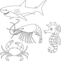 vatten- djur ClipArt uppsättning. hav djur av haj, räka, sjöhäst, krabba vektor